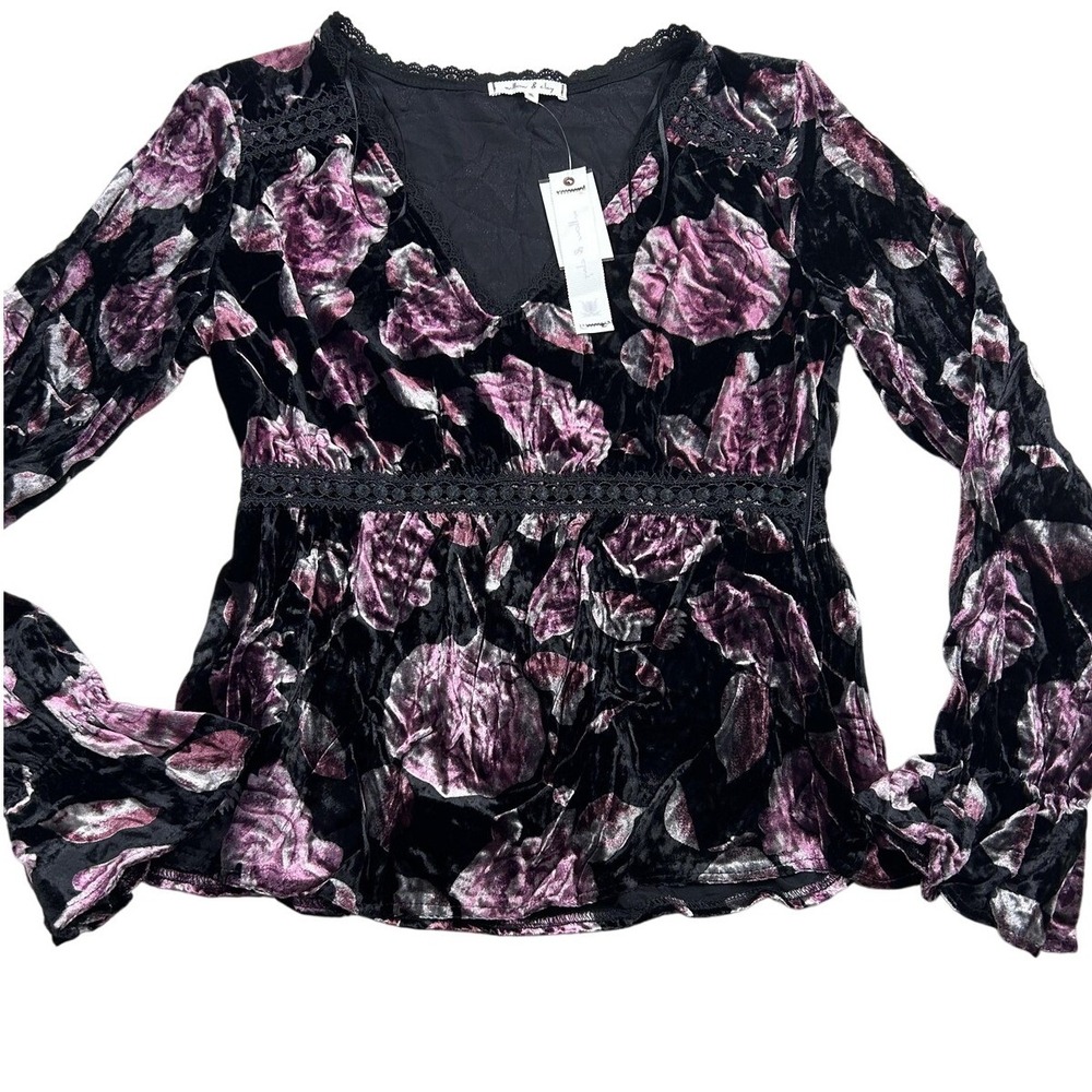Willow & Clay Velvet Blouse S Black Floral Peplum Whimsigoth Witchy NWT